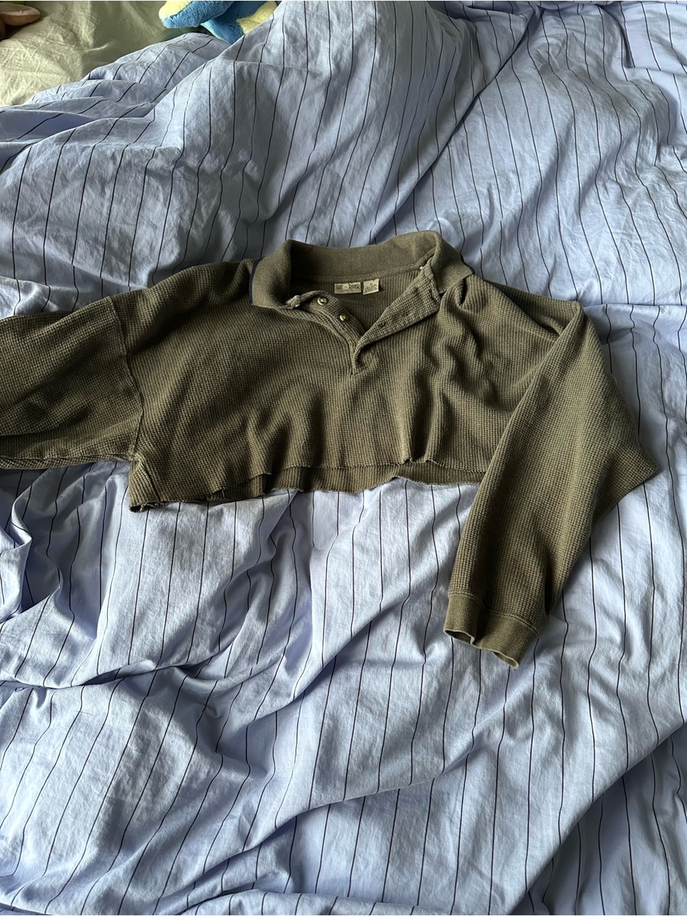 Olive Cropped Waffle-Knit Pullover Sweater - Cropped